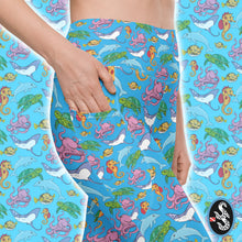Load image into Gallery viewer, Happiest Ocean Pocket Leggings with a vibrant ocean design featuring seahorses, turtles, rays, octopuses, and dolphins