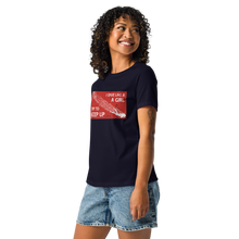 Load image into Gallery viewer, Woman wearing navy scuba diving t-shirt with vintage dive flag design with denim shorts, casual ocean-inspired outfit by Scuba Sisters