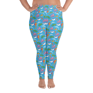 Woman wearing Happiest Ocean Plus Size Leggings while paddleboarding, perfect for scuba diving, snorkeling, SUP, and aqua aerobics