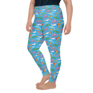 Vibrant Happiest Ocean Plus Size Leggings with ocean-inspired patterns of sea creatures, designed for water sports enthusiasts