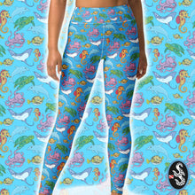 Load image into Gallery viewer, Happiest Ocean High Waist Leggings featuring colorful sea creatures like turtles, rays, octopuses, pufferfish, and seahorses.