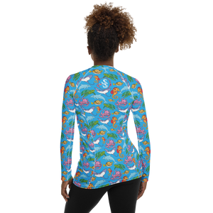 Woman wearing Happiest Ocean Rash Guard - Back View