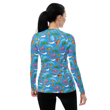 Load image into Gallery viewer, Woman wearing Happiest Ocean Rash Guard - Back View