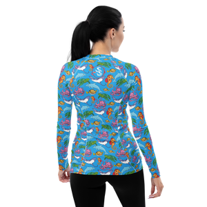 Woman wearing Happiest Ocean Rash Guard - Back View