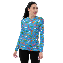 Load image into Gallery viewer, Woman wearing Happiest Ocean Rash Guard