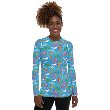 Load image into Gallery viewer, Woman wearing Happiest Ocean Rash Guard