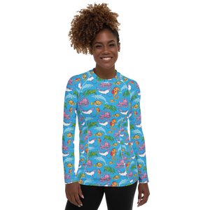 Woman wearing Happiest Ocean Rash Guard