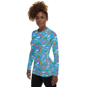 Woman wearing Happiest Ocean Rash Guard