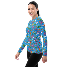 Load image into Gallery viewer, Woman wearing Happiest Ocean Rash Guard