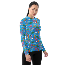 Load image into Gallery viewer, Woman wearing Happiest Ocean Rash Guard