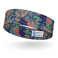 Load image into Gallery viewer, Turtle Reef Twilight women’s headband with sea turtle and coral reef print