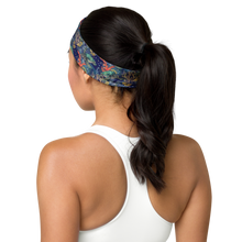 Load image into Gallery viewer, Woman wearing Turtle Reef Twilight ocean-inspired headband for beach, travel, and dive days