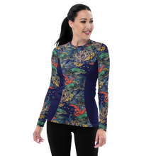 Load image into Gallery viewer, Turtle Reef Twilight women’s rash guard with sea turtle and coral reef print