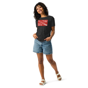 Relaxed-fit grey scuba tee with dive flag design on a woman, everyday scuba diver fashion by Scuba Sisters