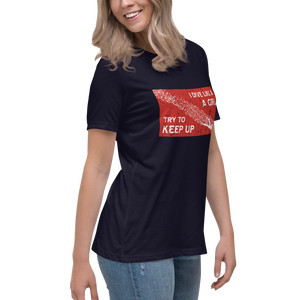 Woman wearing navy scuba diving t-shirt with vintage dive flag design, casual ocean-inspired outfit by Scuba Sisters