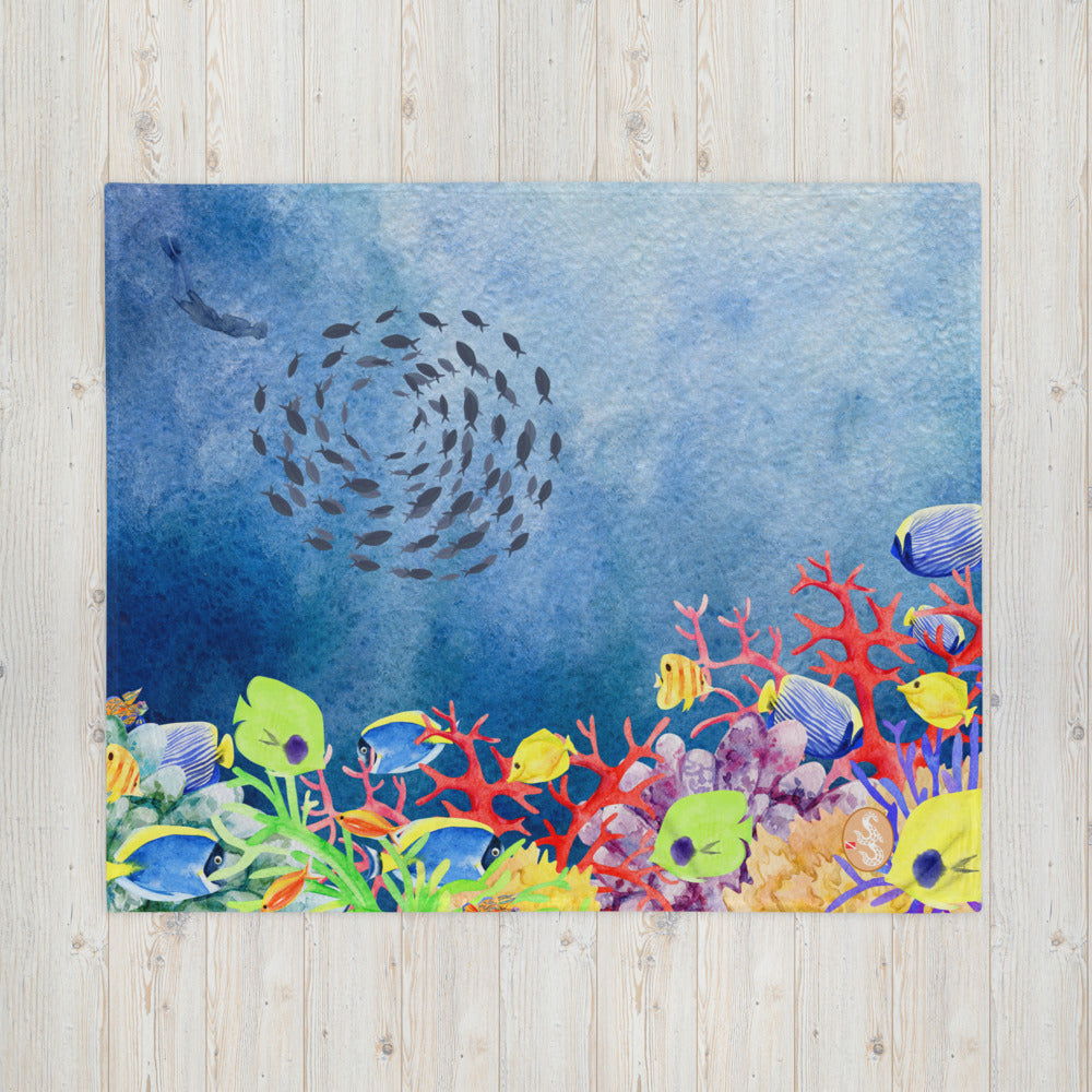 Coral Reef Throw Blanket with Scuba Diver