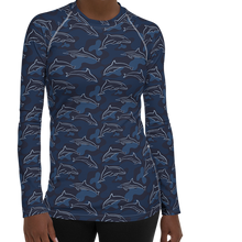 Load image into Gallery viewer, Womens Rash Guard with Dolphins by Scuba Sisters