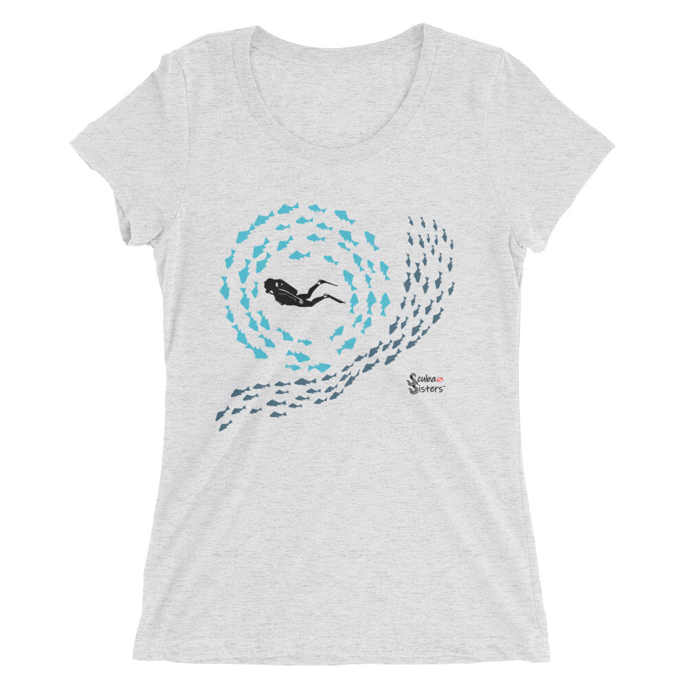 Swirly Fish Tee - Fitted Scoopneck - Scuba Sisters Diving Apparel